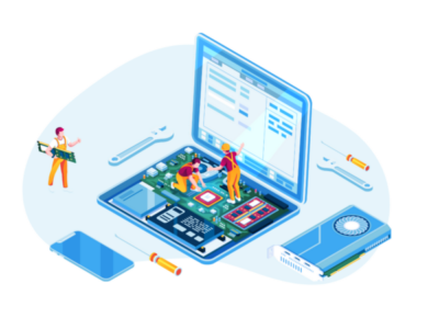 A graphical representation of people repairing a laptop to show gayathri infotech is the best computer repairing company in thrissur