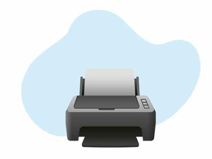 A printer in mint condition is floating, displaying a blue screen with the text: "Gayathri Infotech - The Best Printer Repair and Service Center in Thrissur." Brands: HP | Canon | Epson | Brother | Ricoh | Samsung | Xerox